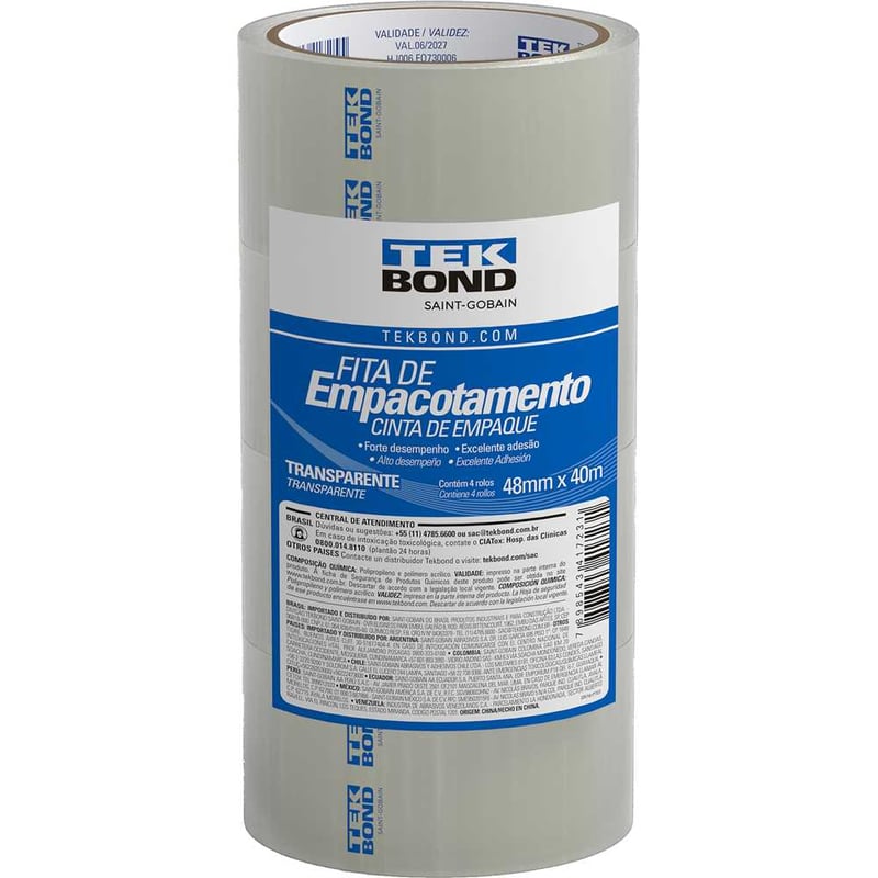 Fita adesiva, 48 mm x 40 m, transparente, embalagem com 4 rolos
