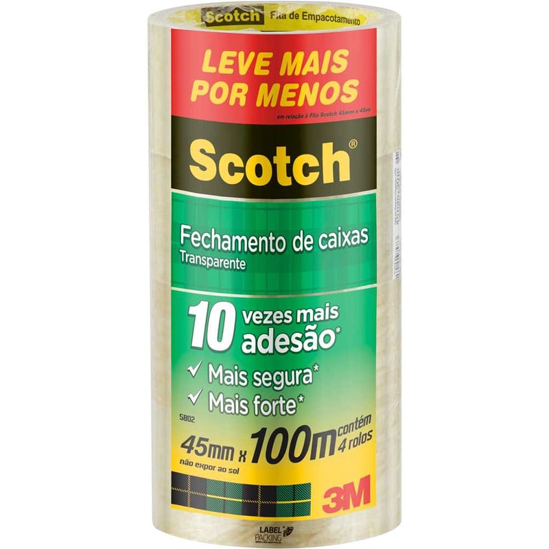 Fita adesiva, 45 mm x 100 m, transparente, embalagem com 4 rolos, HB004640734