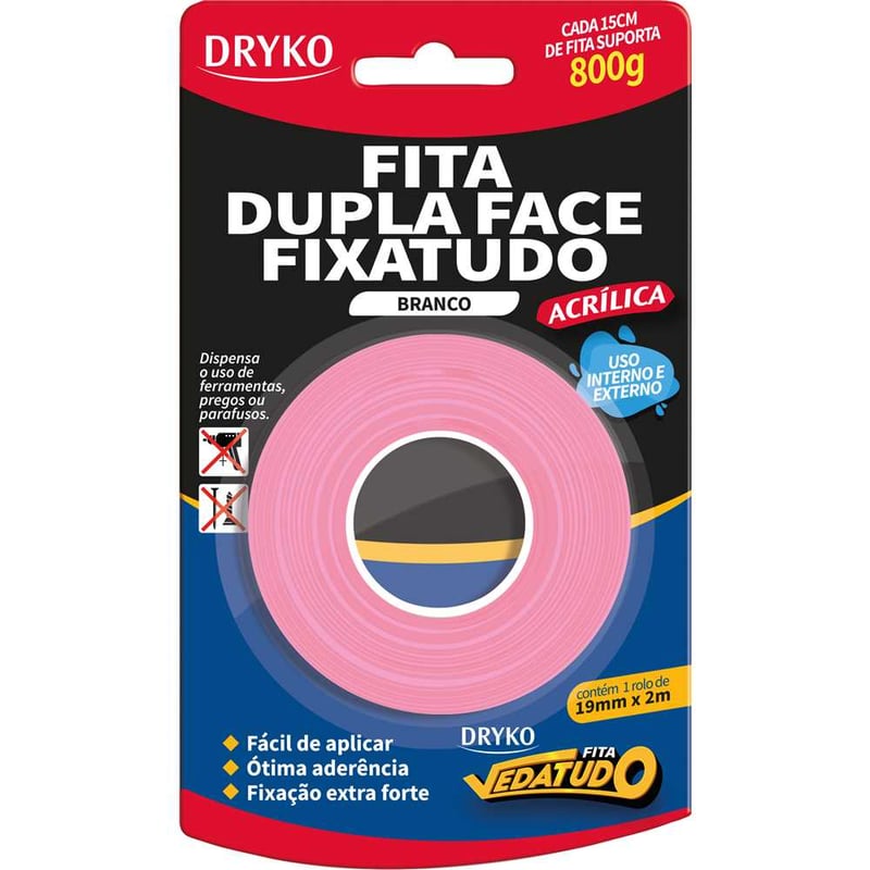 Fita dupla face acrílica, branco, 19 mm x 2 m