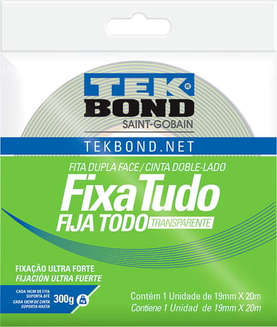 Fita dupla face acrílica, 19 mm x 20 m, uso interno, fixa tudo, TEK BOND