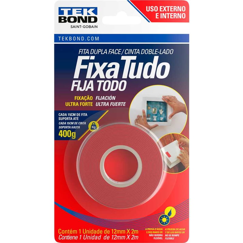 Fita dupla face acrílica, 12 mm x 2 m, uso externo, fixa tudo, TEK BOND