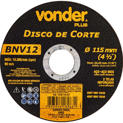 Disco de corte 115 mm x 1 mm x 22,23 mm BNV12, VONDER PLUS
