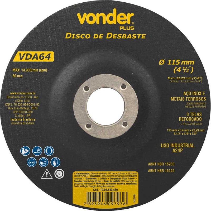 Disco de desbaste 115,0 mm x 6,4 mm x 22,23 mm, VDA 64, VONDER PLUS