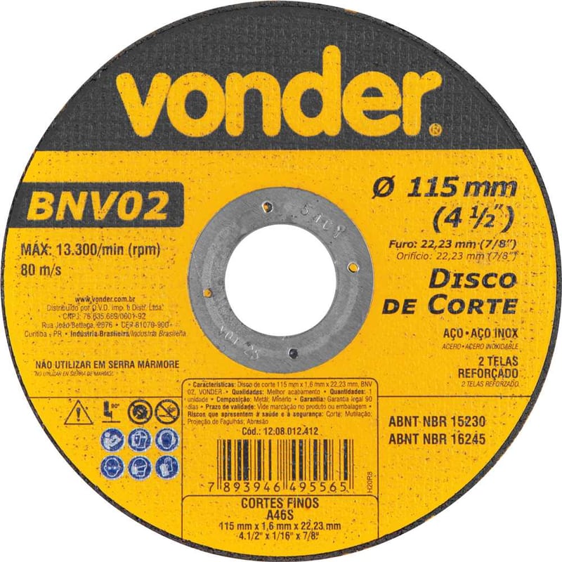 Disco de corte 115 mm x 1,6 mm x 22,23 mm