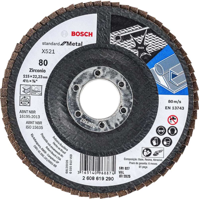 Flap-disc, disco de desbaste/acabamento, 4.1/2" (115 mm), curvo, grão 80, 2 608 619 290
