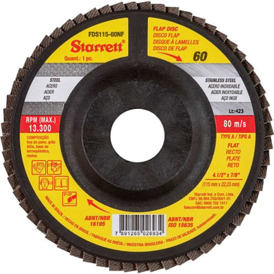 Flap-disc, disco de desbaste/acabamento, 4.1/2" - 115 mm, reto tipo A, G 60