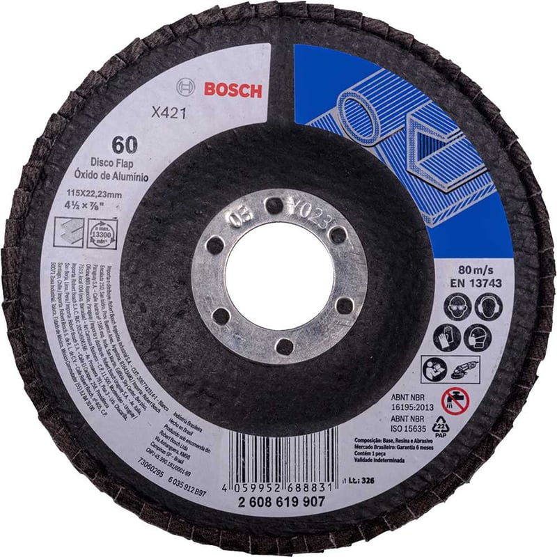 Flap-disc, disco de desbaste/acabamento, 4.1/2" - 115 mm, curvo, grão 60, 2 608 619 907
