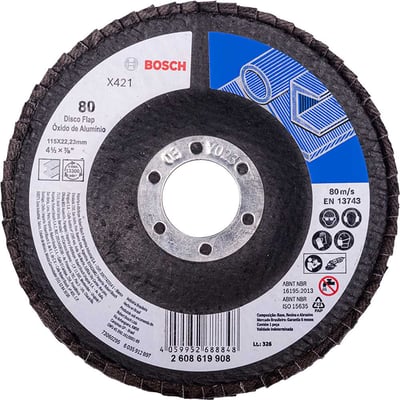 Flap-disc, disco de desbaste/acabamento, 4.1/2" - 115 mm, curvo, grão 80, 2 608 619 908