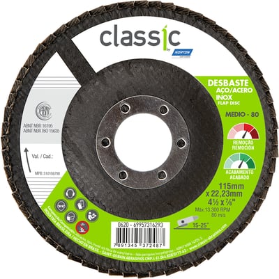 Flap-disc, disco de desbaste/acabamento, 4.1/2" - 115 mm, cônico, classic, grão 80