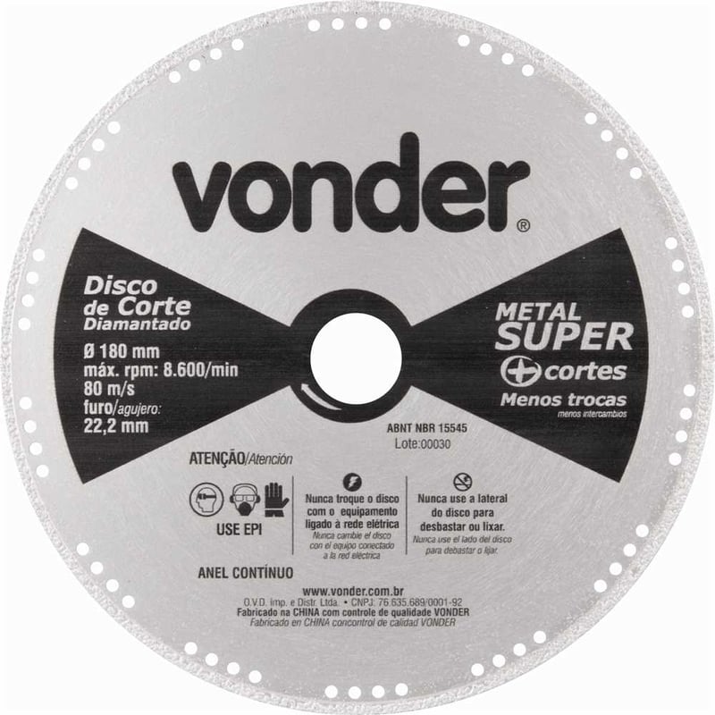 Disco de corte diamantado, contínuo, para metais, metal super, 180 mm