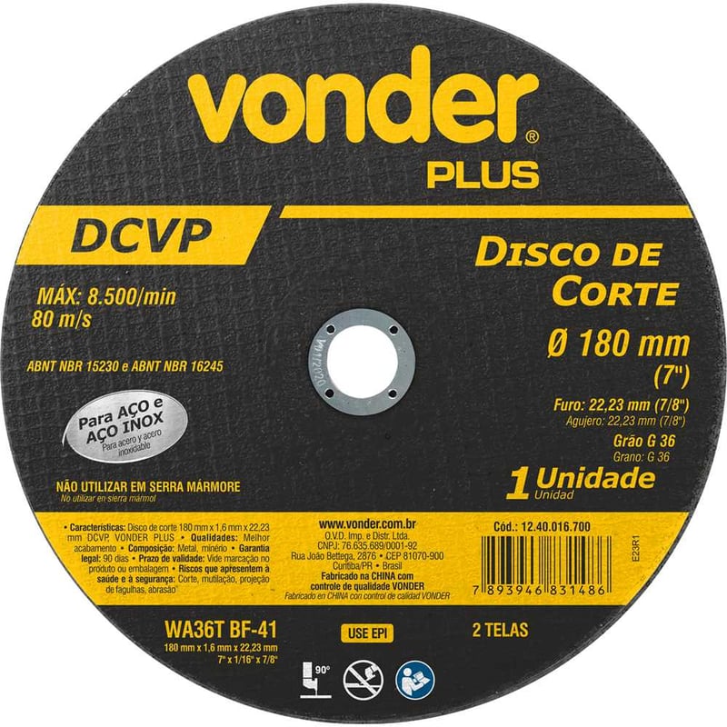 Disco de corte 180 mm x 1,6 mm x 22,23 mm