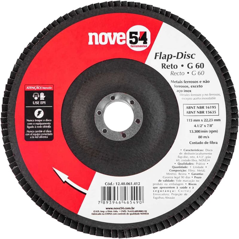 Flap-disc, disco de desbaste/acabamento, 4.1/2" - 115 mm, reto, grão 60