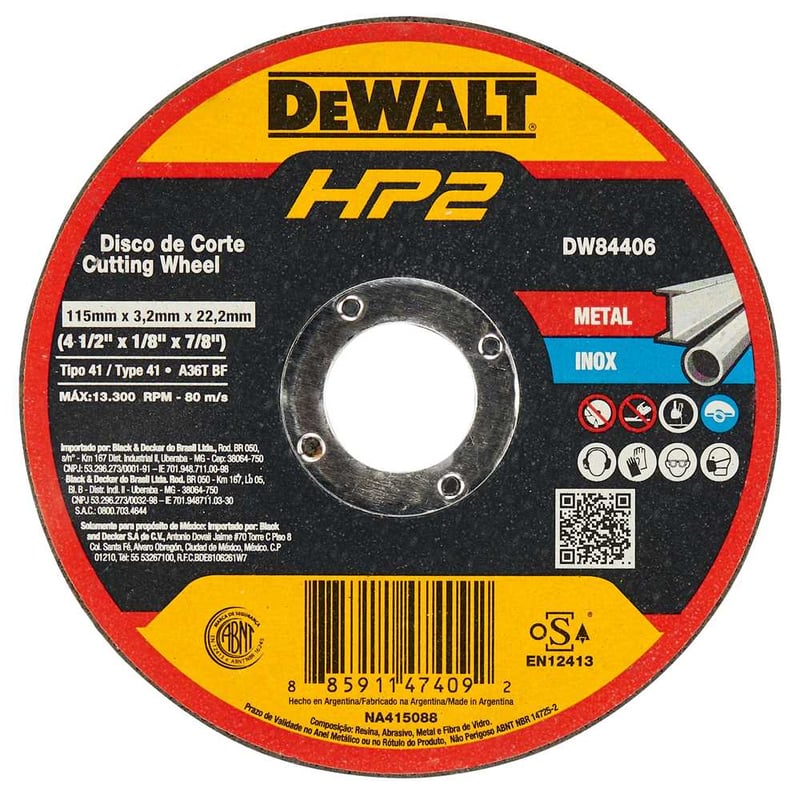 Disco de corte, 114,3 mm x 3,2 mm x 22,23 mm, para metal/inox, HP2, DW84406