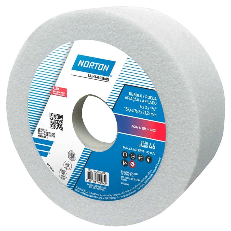 Rebolo copo reto 152,4 mm x 76 mm x 31,8 mm, 38A, grão 46