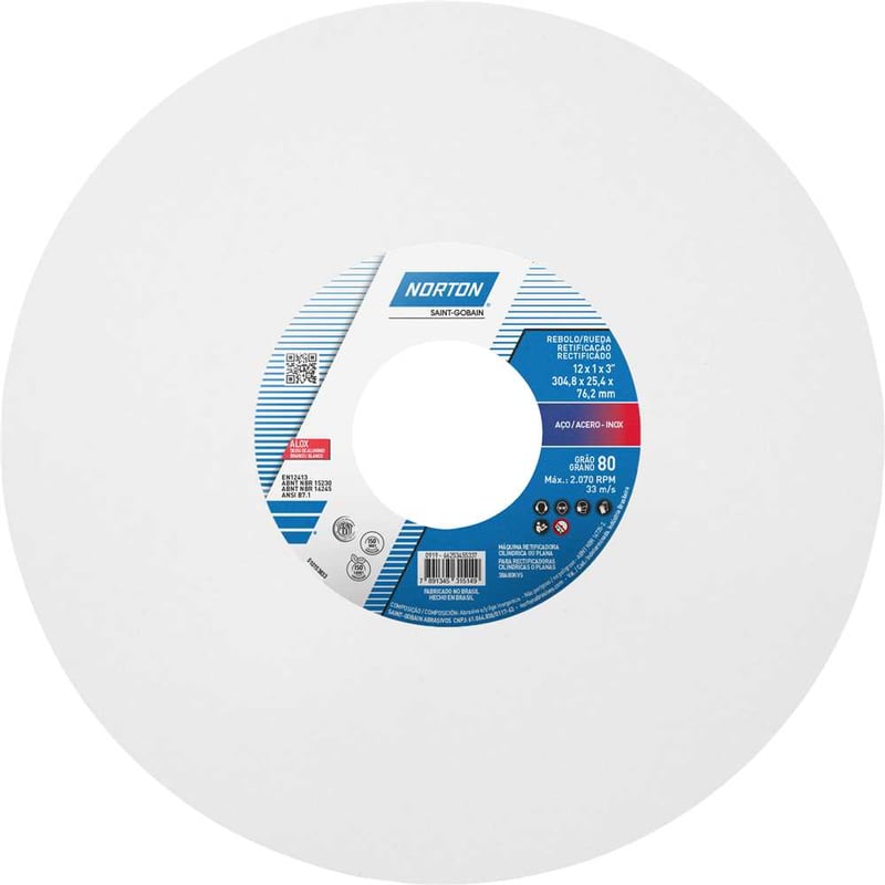 Rebolo reto 12" x 1" 38A, grão 60, branco