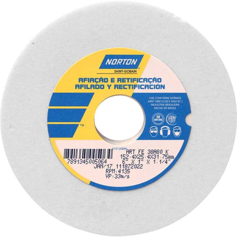 Rebolo reto 6" x 1" 38A grão 80 branco