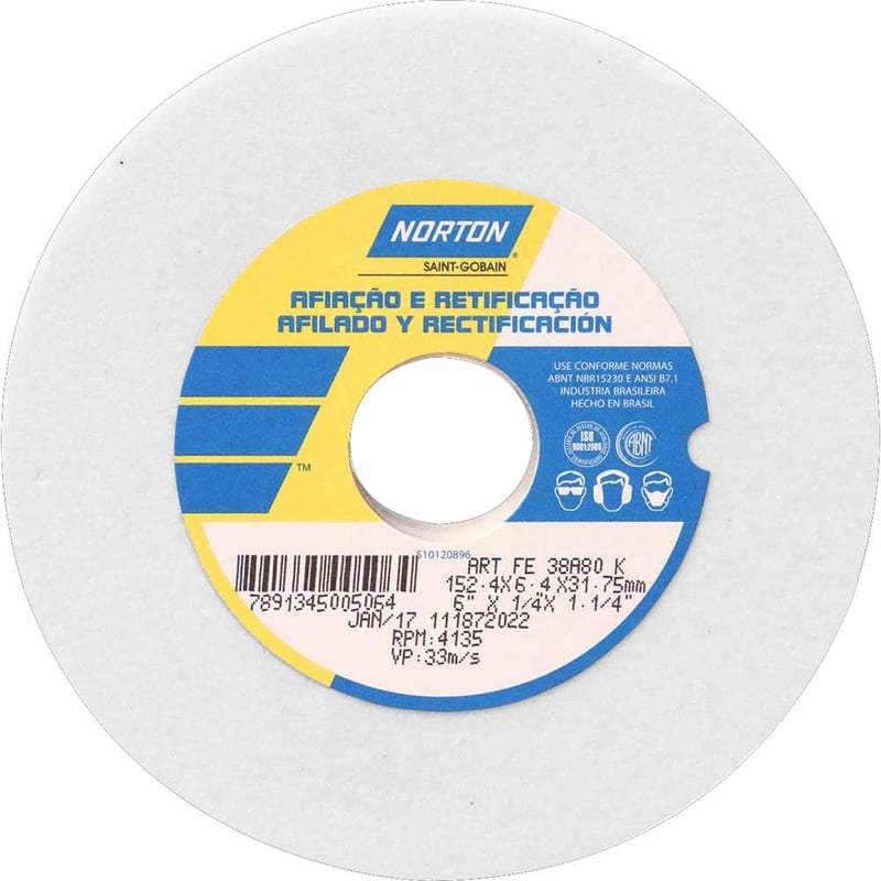 Rebolo reto 6" x 1/4" 38A, grão 80, branco