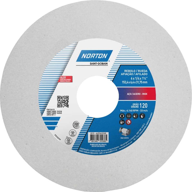 Rebolo reto 6" x 1/4" 38A, grão 120, branco