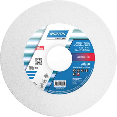 Rebolo reto 6" x 3/4" 38A grão 60 branco