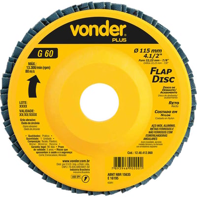 Flap-disc, disco de desbaste/acabamento, 4.1/2" - 115 mm, reto, grão 60, VONDER PLUS