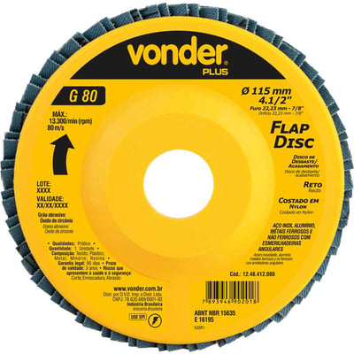 Flap-disc, disco de desbaste/acabamento, 4.1/2" - 115 mm, reto, grão 80, VONDER PLUS