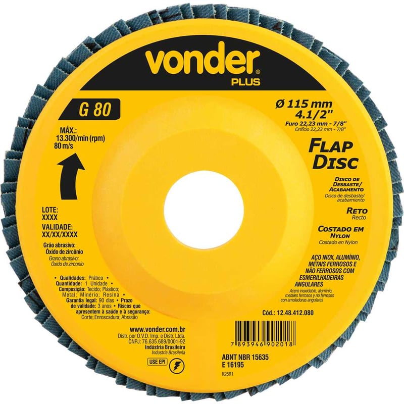Flap-disc, disco de desbaste/acabamento, 4.1/2" - 115 mm, reto, grão 80, VONDER PLUS