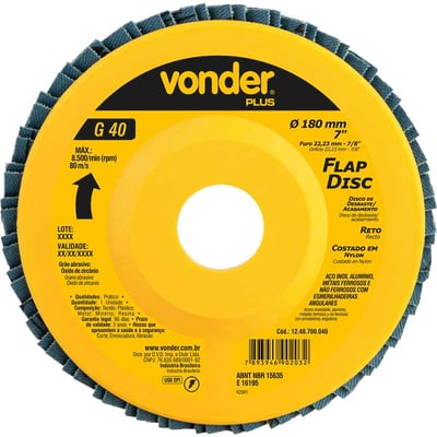 Flap-disc, disco de desbaste/acabamento, 7" - 180 mm, reto, grão 40, VONDER PLUS