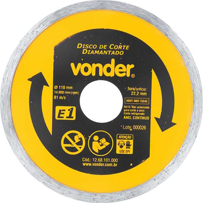 Disco de corte diamantado, 110 mm x 22,2 mm, anel contínuo