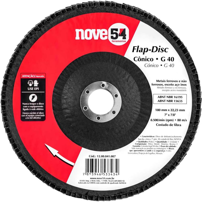 Flap-disc, disco de desbaste/acabamento, 7" - 180 mm, cônico, grão 40