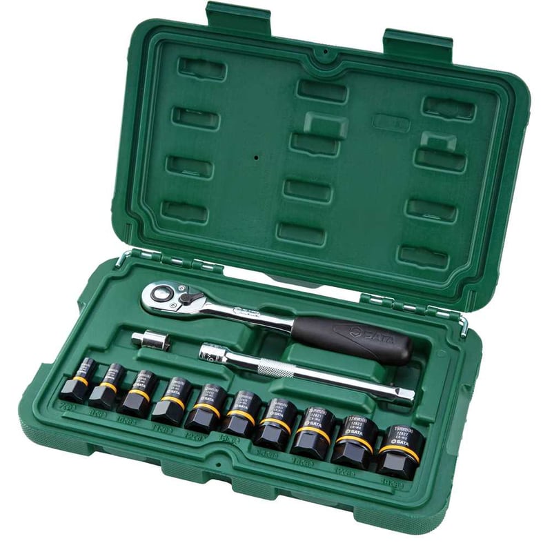 Jogo de soquetes sextavados com encaixe de 1/4" e 3/8", 7,0 mm a 19,0 mm, com 13 peças, ST09137