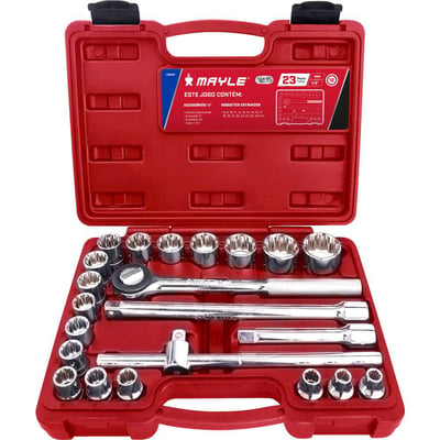 Jogo de soquetes estriados encaixe 1/2", 8 mm a 32 mm, com 23 peças