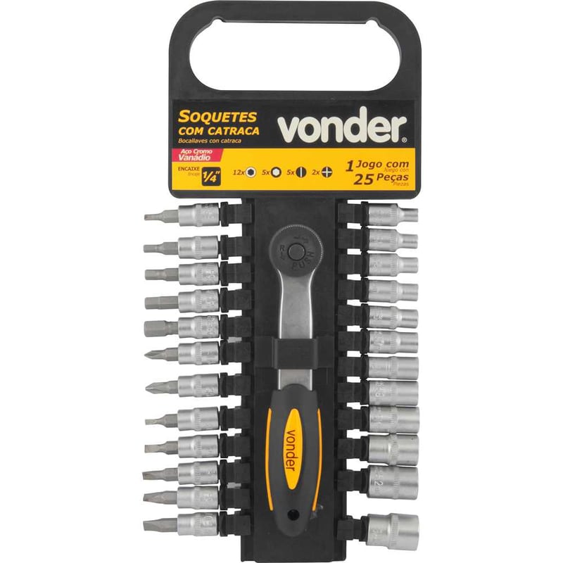 Jogo de soquetes e ponteiras com encaixe de 1/4", 4 mm a 13 mm, com catraca, 25 peças