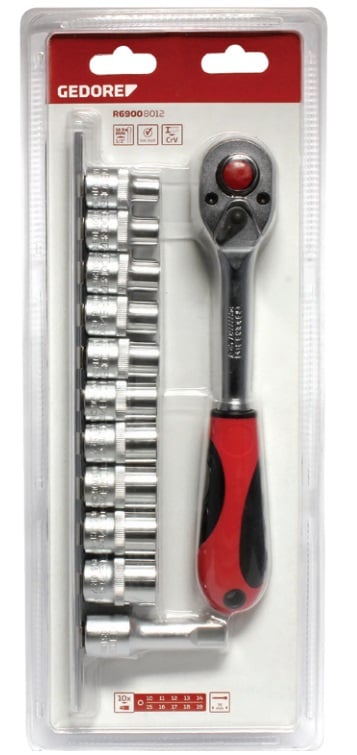 Jogo de soquetes sextavados e acessórios, encaixe de 1/2", 10,0 mm a 19,0 mm, com 12 peças, R69008012