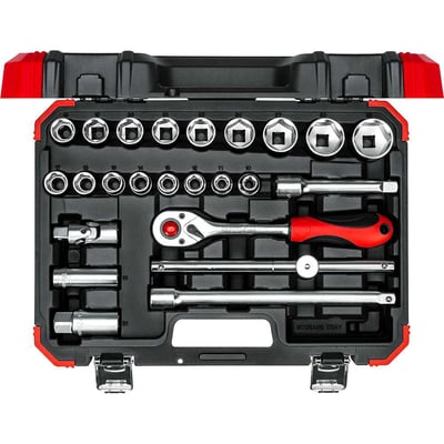 Jogo de soquetes sextavados e acessórios, encaixe de 1/2", 10,0 mm a 32,0 mm, com 24 peças, R69003024