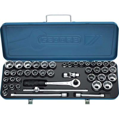 Jogo de soquetes sextavados e acessórios, encaixe de 1/2", 43 peças, 10 mm a 32 mm e 3/8" a 1.1/4", 19PMU