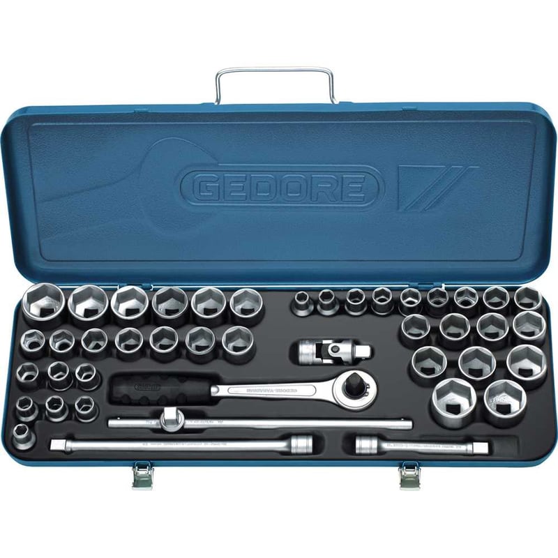 Jogo de soquetes sextavados e acessórios, encaixe de 1/2", 43 peças, 10 mm a 32 mm e 3/8" a 1.1/4", 19PMU