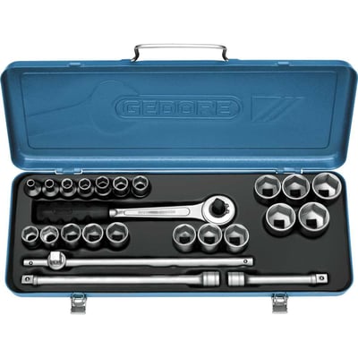 Jogo de soquetes sextavados e acessórios, encaixe de 1/2", 10,0 mm a 32,0 mm, com 24 peças, 015.512