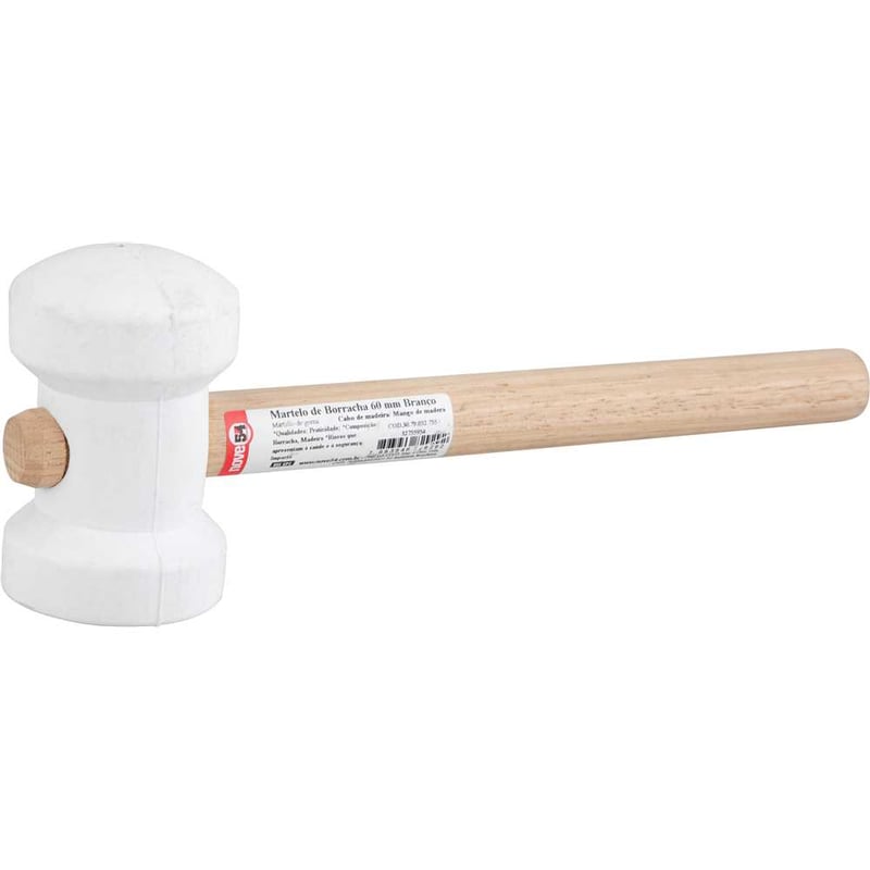Martelo de borracha 60 mm, cabo em madeira, para azulejista, branco