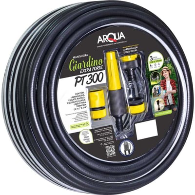 Mangueira 1/2" x 2,7 mm x 15 m, PVC com poliéster, preta, com esguicho e conector, Giardino Extra Forte PT 300, 14145
