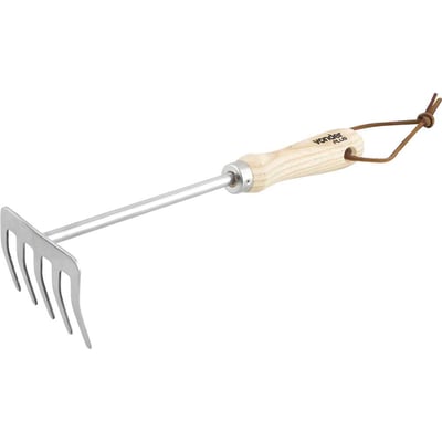 Ancinho para jardim em aço inox, com 5 dentes, cabo em madeira, VONDER PLUS
