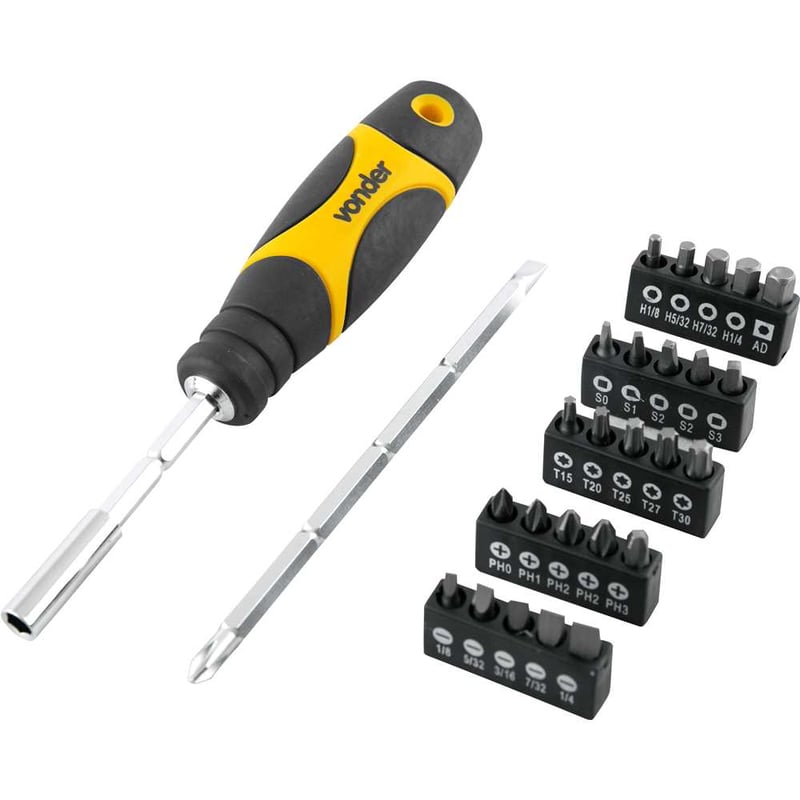 Jogo de bits/ponteiras, com 28 peças, encaixe sextavado de 1/4"