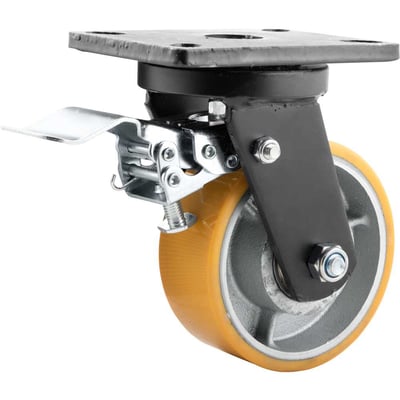 Rodízio giratório industrial 5", de poliuretano e ferro fundido, com freio
