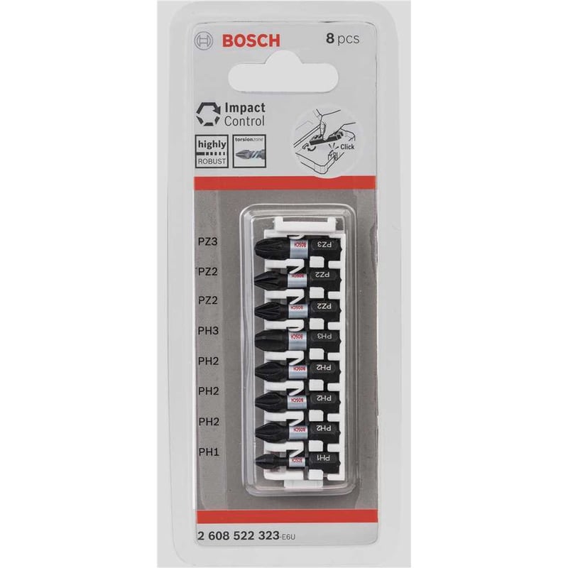 Jogo de bits/ponteiras phillips e pozidrive, encaixe de hexagonal de 1/4", com 8 peças de 25 mm, 2608522323