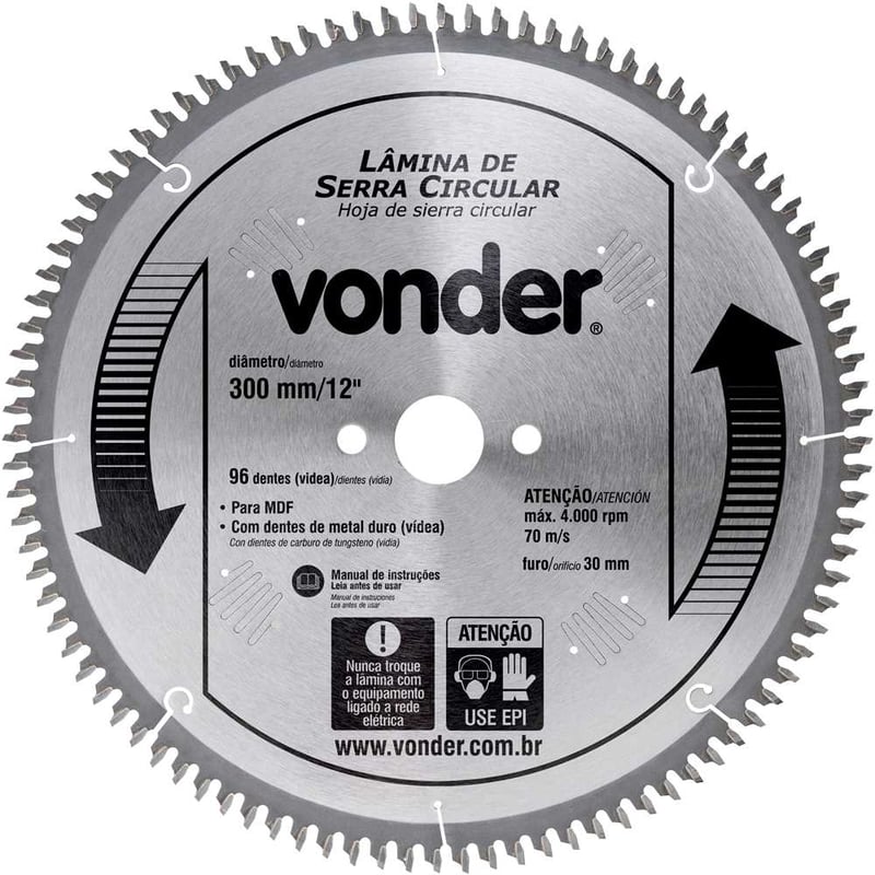 Lâmina de serra circular com dentes de metal duro, 300 mm x 30 mm, com 96 dentes, para MDF