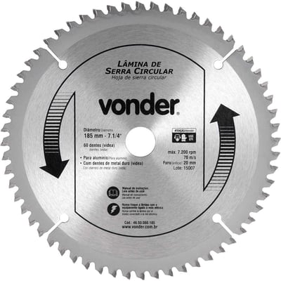 Lâmina de serra circular com vídea, para alumínio, 185 mm x 20 mm x 60 dentes