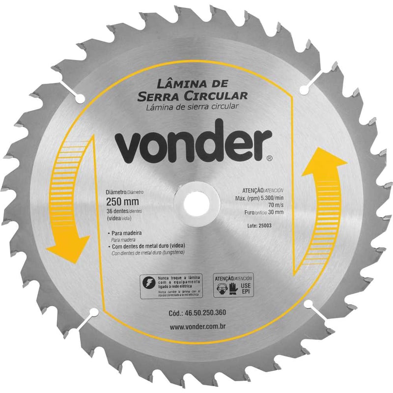 Lâmina de serra circular com dentes de metal duro/vídea, 250 mm x 30 mm, 36 dentes