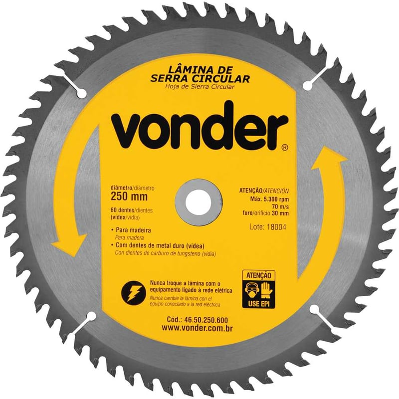Lâmina de serra circular com dentes de metal duro/vídea, 250 mm x 30 mm, 60 dentes