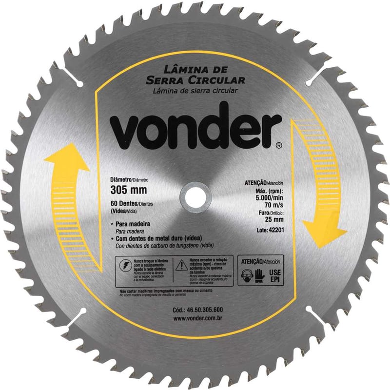 Lâmina de serra circular com dentes de metal duro/vídea, 305 mm x 25,4 mm, 60 dentes