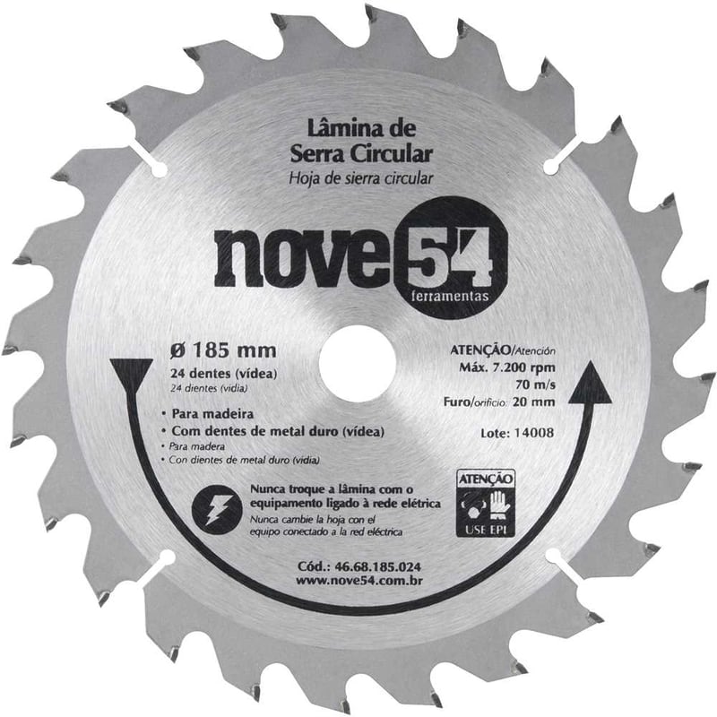Lâmina de serra circular com dentes de metal duro/vídea, 185 mm x 20 mm, 24 dentes