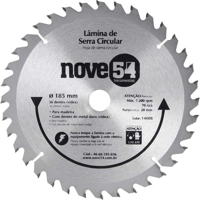 Lâmina de serra circular com dentes de metal duro/vídea, 185 mm x 20 mm, 36 dentes